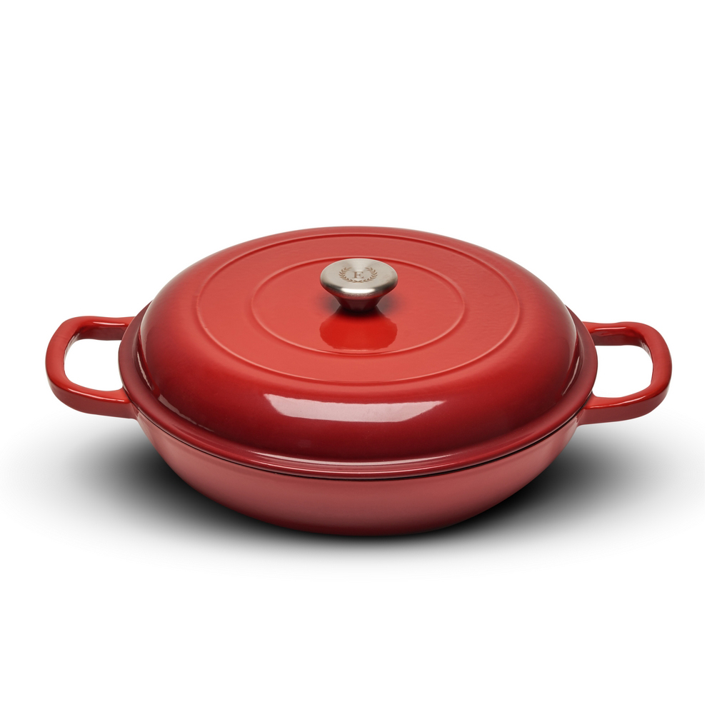 Erminda® Olla Hiero Esmaltado Baja Con Tapa Ø 27Cm H 6Cm Rojo Velvet