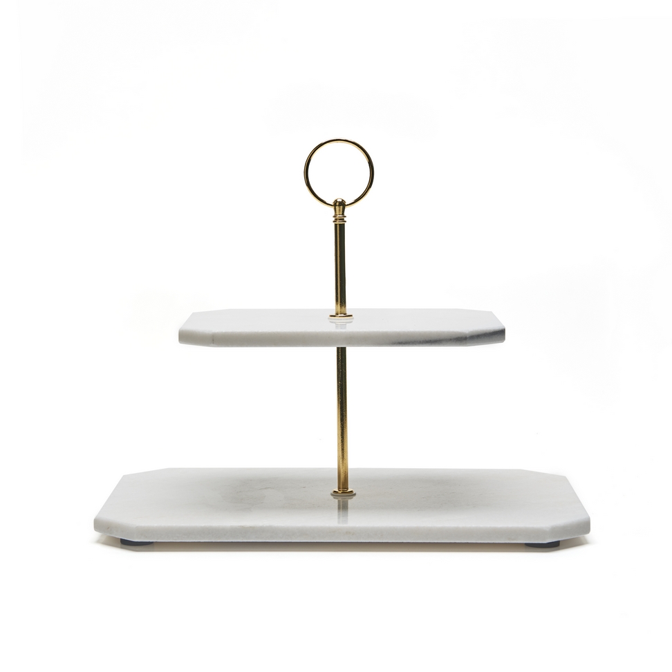 Nonfork® - Base 2 Pisos Rectangular Marmol Blanco Y Acacia 30 X 20 X 1 - 15 X 20