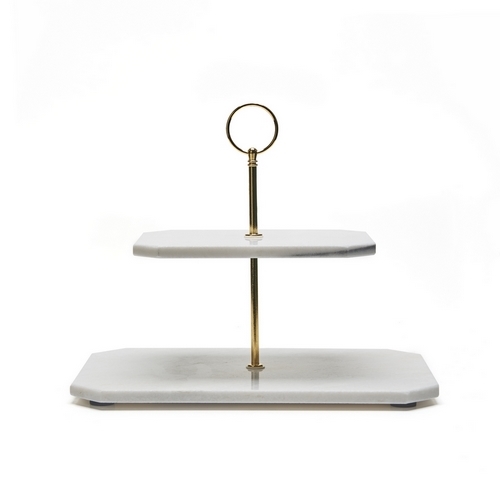 Nonfork® - Base 2 Pisos Rectangular Marmol Blanco Y Acacia 30 X 20 X 1 - 15 X 20