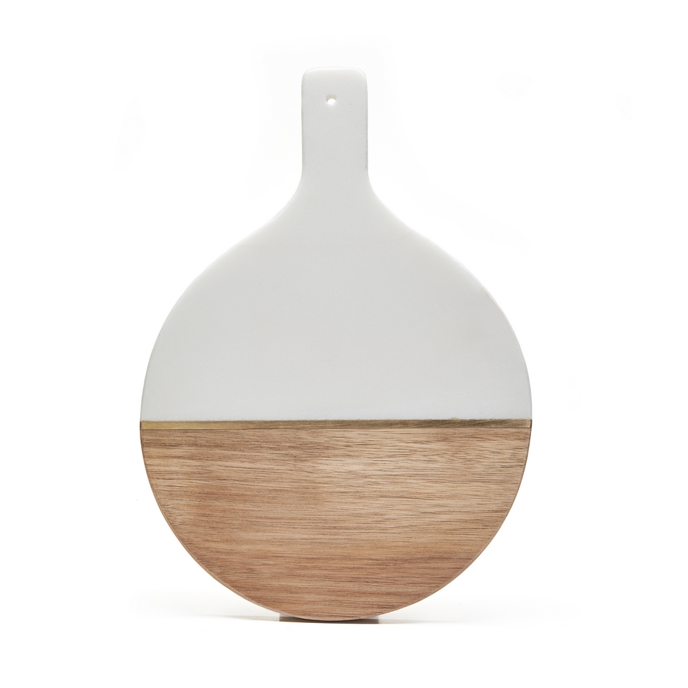Nonfork® - Tabla Redonda Con Mango Marmol Blanco Dorado Y Acacia 36 X 25,5 X 1.3