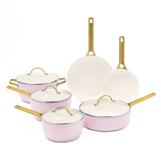[CC002445] Greenpan® - Padova Blush Set De 10 Piezas - Rosado - Mango Y Asas Dorado