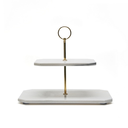 [N8752014] Nonfork® - Base 2 Pisos Rectangular Marmol Blanco Y Acacia 30 X 20 X 1 - 15 X 20